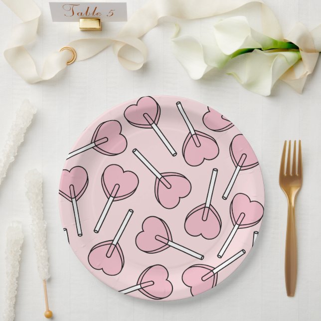 Pink Lollipops, Heart Lollipops, Lollipop Pattern Paper Plate (Wedding)