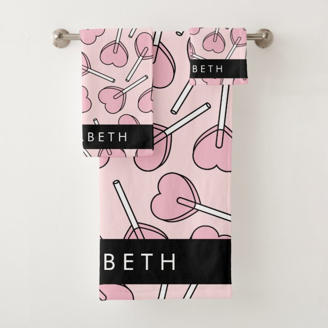 Pink Lollipops, Heart Lollipops, Lolly, Your Name Bath Towel Set (Insitu)