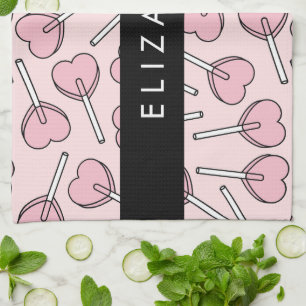 Pink Lollipops, Heart Lollipops, Lolly, Your Name Kitchen Towel