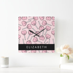 Pink Lollipops, Heart Lollipops, Lolly, Your Name Square Wall Clock