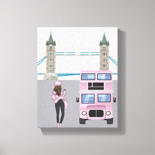 Pink London Bus with Tower Bridge Artwork  Canvas Print