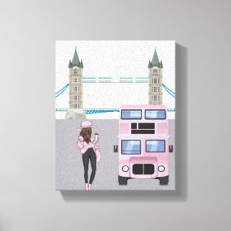 Pink London Bus with Tower Bridge Artwork Canvas Print