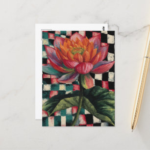 Pink Lotus Flower Black White Chequered Background Postcard