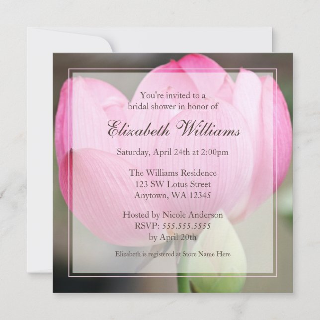 Pink Lotus Flower Bridal Shower Invitations (Front)