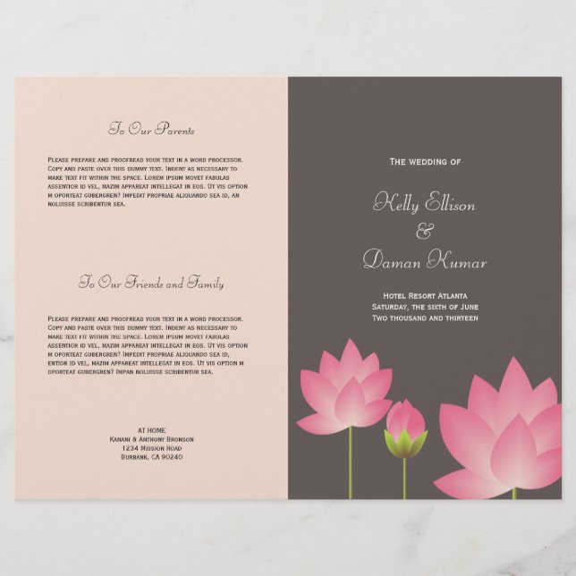 Pink lotus flower modern grey wedding program (Front)