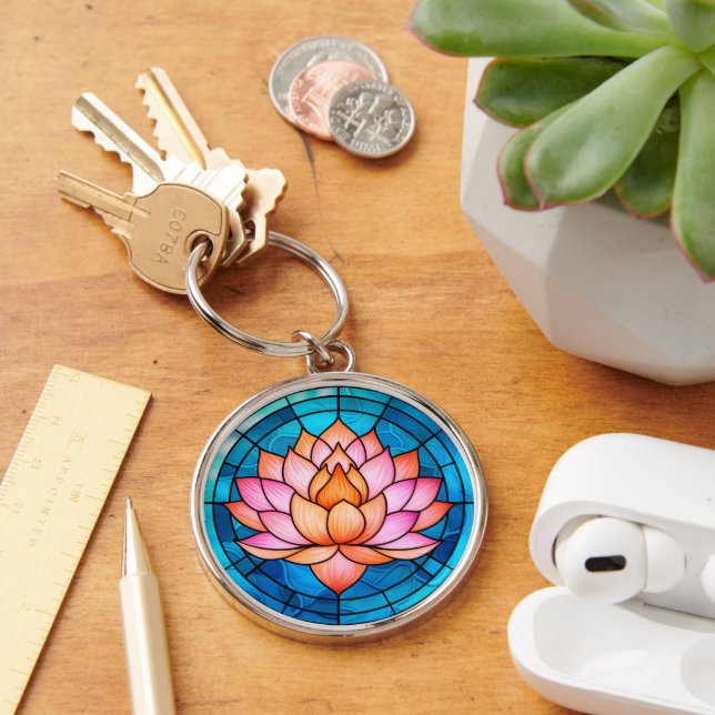 Pink Lotus Flower Mosaic Stained Glass Keychain (Desk)