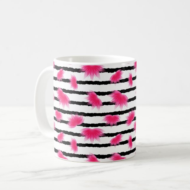 Pink Lotus Flower Pattern with Black Stripes Coffee Mug (Front Left)
