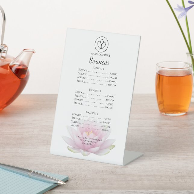 Pink Lotus Flower Spa Salon Services Menu Pedestal Sign (In SItu)