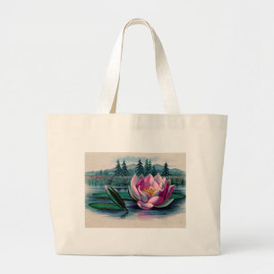 Pink Lotus Flower Vintage Botanical Large Tote Bag