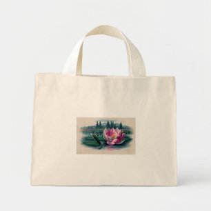 Pink Lotus Flower Vintage Botanical Mini Tote Bag
