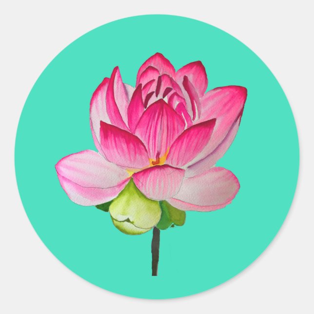 Pink lotus flower watercolor fine art classic round sticker (Front)
