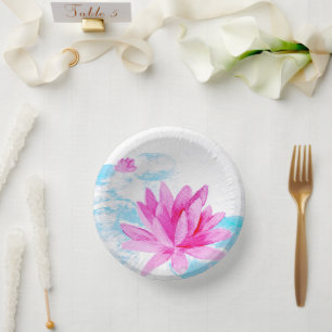 Pink Lotus Flower Watercolor Painting Paper Plate