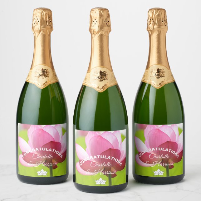 Pink Lotus Flower Wedding Sparkling Wine Label (Bottles)