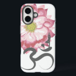 Pink Lotus Flower Yoga & Zen Calligraphy Om Aum iPhone 16 Case<br><div class="desc">Pink Lotus Flower Tree Yoga Pose Indian Spiritual Om Symbol Design. This modern and spiritual design features an original illustration of a beautiful pink lotus flower with the hindu spiritual ancient symbol of Om or Aum written in brushed hand drawn calligraphy and a silhouette of a person in a yoga...</div>