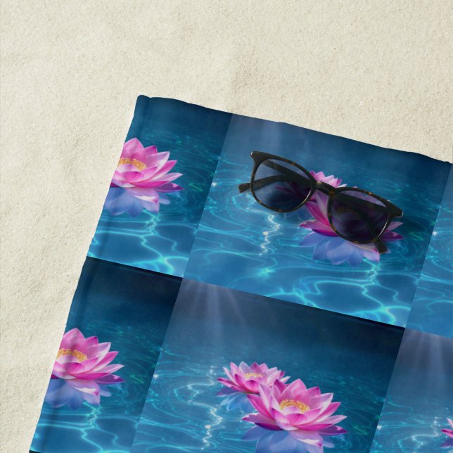  Pink Lotus Flowers Floating on Crystal Blue Water Beach Towel (In Situ)