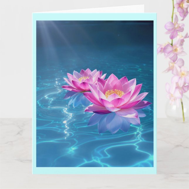  Pink Lotus Flowers Floating on Crystal Blue Water Card (Orchid)