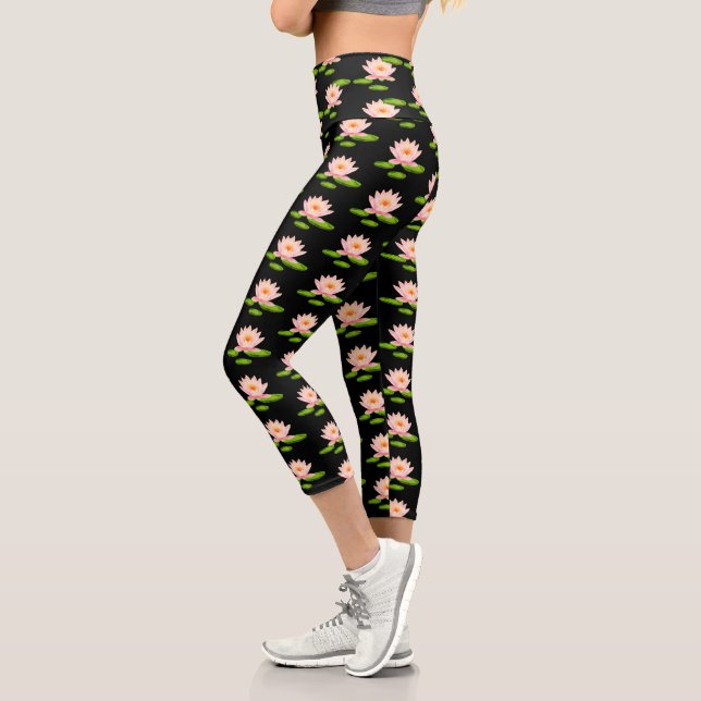 Pink Lotus Flowers & Lily Pads on Black Capri Leggings (Left)
