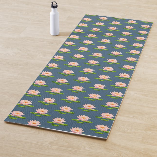 Pink Lotus Flowers & Lily Pads on Blue Yoga Mat (In Situ)