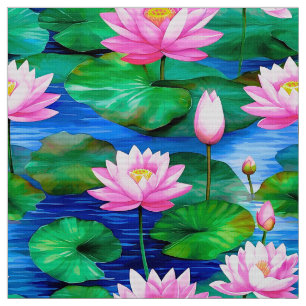 Pink Lotus Flowers on a Pond Fabric