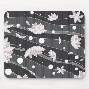 Pink Lotus Flowers on Black Stripes Mouse Pad