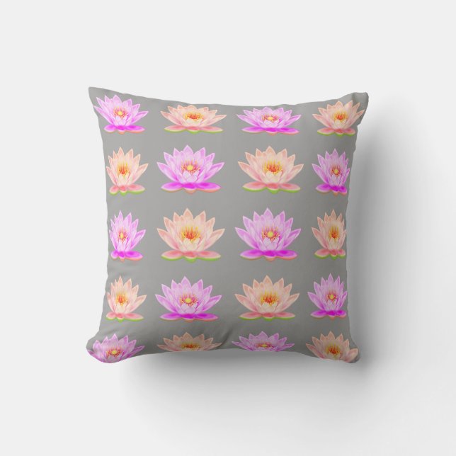 Pink Lotus Flowers on Light Grey Throw Pillow (Front)