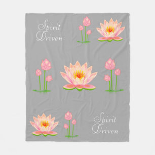 Pink Lotus Flowers on Light Silver Grey Fleece Blanket