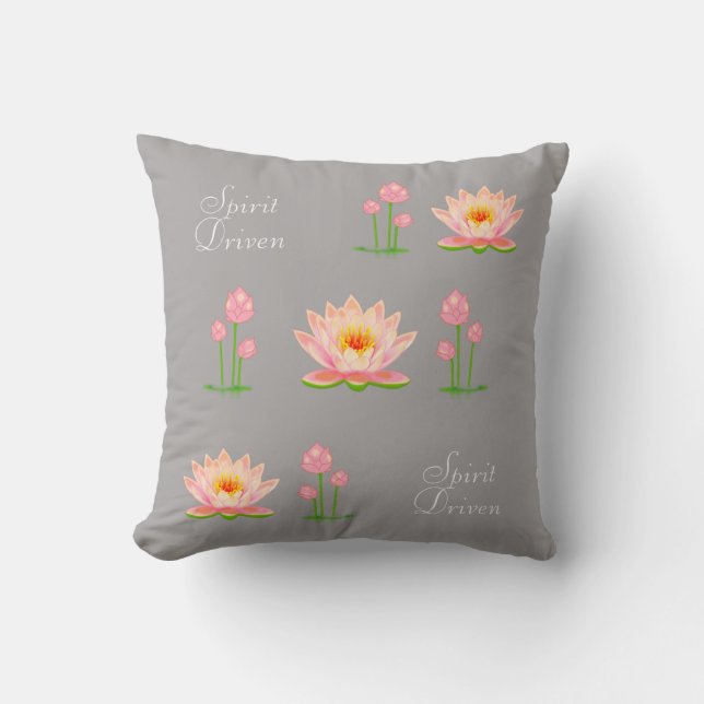 Pink Lotus Flowers on Light Silver Grey Throw Pillow (Front)