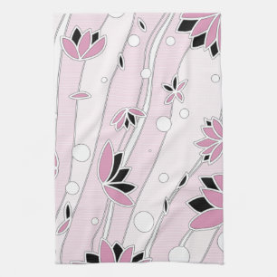 Pink Lotus Flowers on Pink Stripes Kitchen Towel