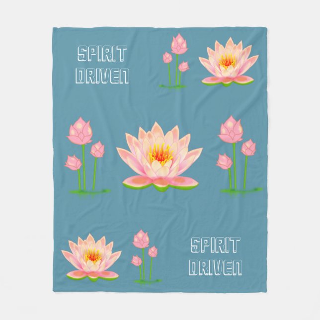 Pink Lotus Flowers on Teal Fleece Blanket (Front)