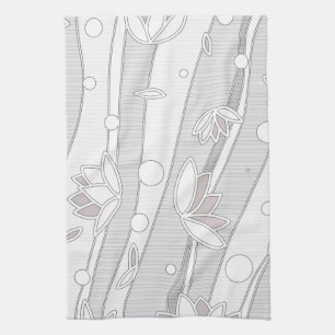 Pink Lotus Flowers on White Stripes Kitchen Towel