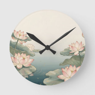Pink Lotus Flowers Pond Zen Serenity  Round Clock