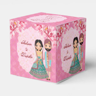Pink lotus flowers with cute Indian bridal couple Favor Box