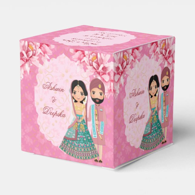 Pink lotus flowers with cute Indian bridal couple Favor Box (Back Side)