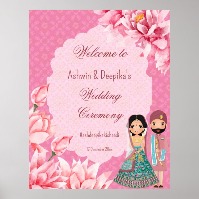 Pink lotus flowers with cute Indian bridal couple Poster (Front)