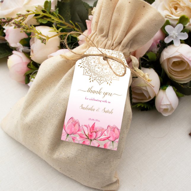 Pink lotus gold mandala Indian wedding thank you Gift Tags (Pink lotus gold mandala Indian wedding thank you Gift Tags)