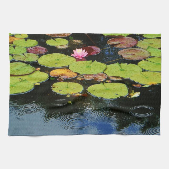 Pink lotus in Rain Kitchen Towel (Horizontal)