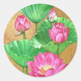 Pink lotus on gold paint background classic round sticker