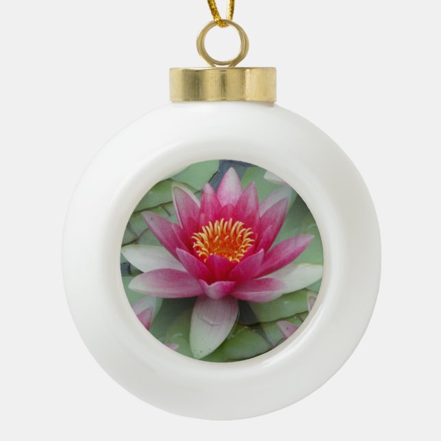 Pink Lotus Water Lily Ceramic Ball Christmas Ornament (Front)