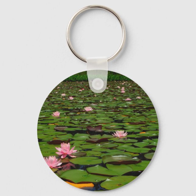 Pink lotus water lily flower pond keychain (Front)