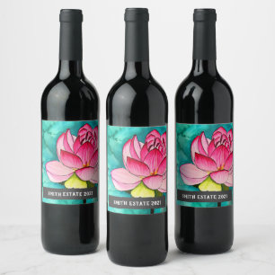 Pink Lotus watercolor art wine label