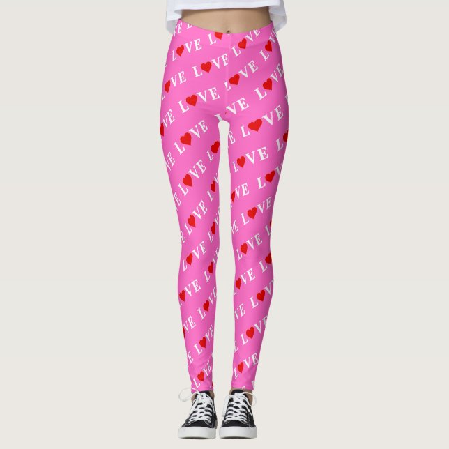 Pink LOVE and Heart Girly Chic Modern Elegant Leggings (Front)