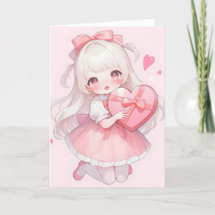 Pink Love Anime Girl Kawaii Holiday Card