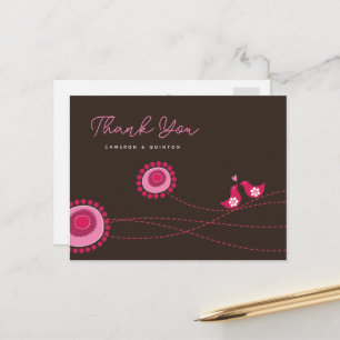 Pink Love Birds & Dotted Flowers Whimsical Wedding Postcard