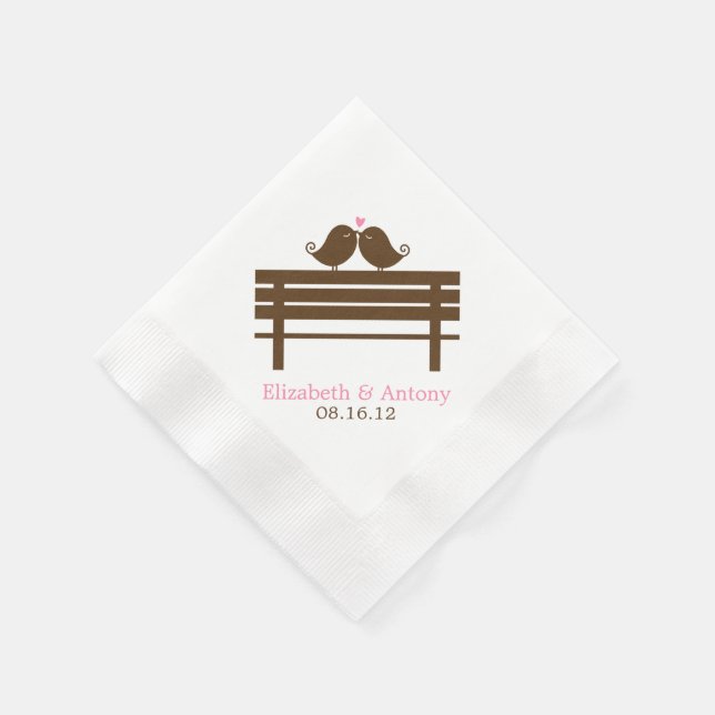 Pink Love Birds on Park Bench Wedding Napkin (Corner)