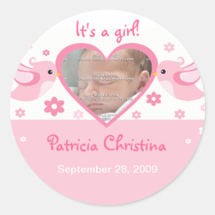 Pink Love Birds Photo Baby Birth Announcement Classic Round Sticker