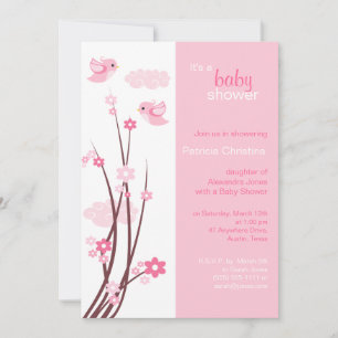 Pink Love Birds Spring Flowers Baby Shower Invitation