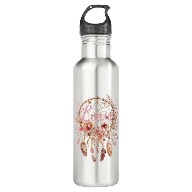 Pink Love Boho Floral Feathers Dream Catcher 710 Ml Water Bottle (Front)