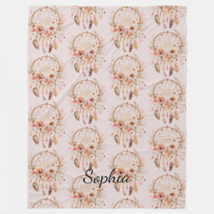 Pink Love Boho Floral Feathers Dream Catcher Fleece Blanket