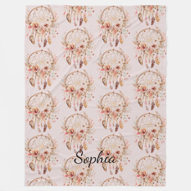 Pink Love Boho Floral Feathers Dream Catcher Fleece Blanket (Front)