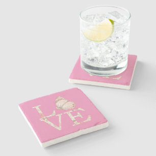 Pink Love Butterfly Floral Stone Coaster